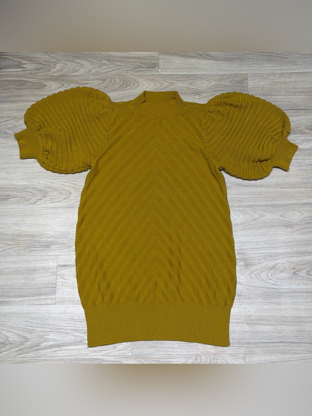 Happy x Nature Puff Sleeve Sweater Dress Mock Neck Chevron Knit Retro Boho